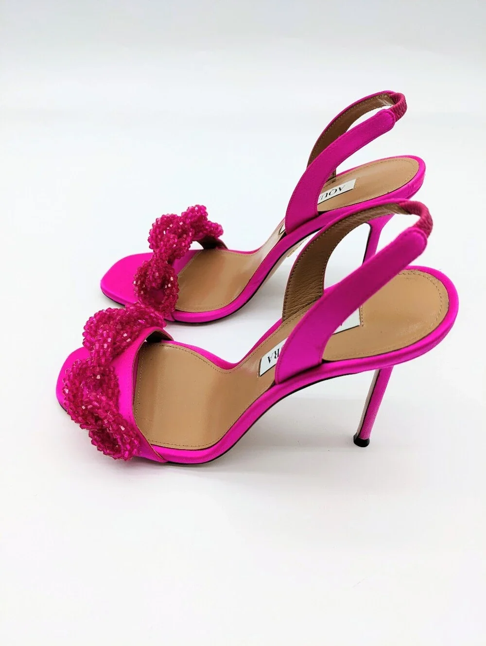 AQUAZZURA Chain of Love embellished satin sandals heels 37.5